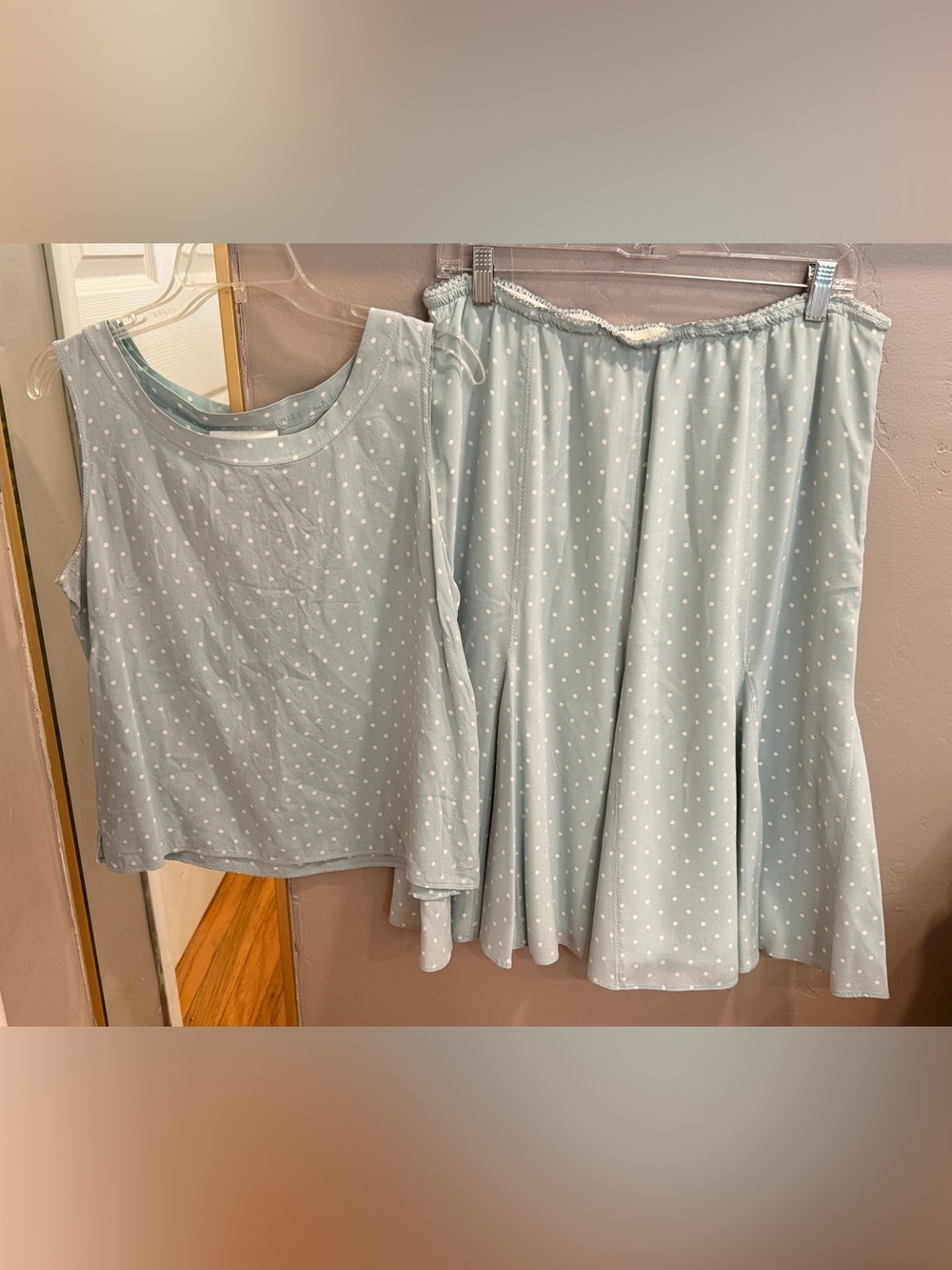 Susan Bristol 100% Silk Blue Polka Dot Top & Skirt Set Size Large #696